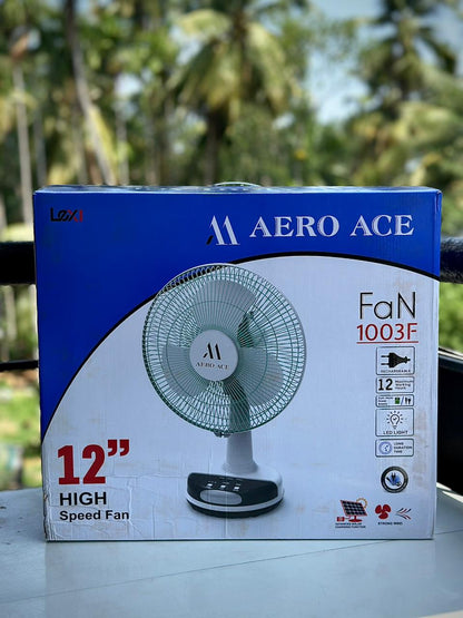 Aero Ace 12" Rechargeable Desk Fan with Solar Charging, LED Night Light & Power Bank Function