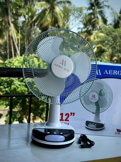 Aero Ace 12" Rechargeable Desk Fan with Solar Charging, LED Night Light & Power Bank Function