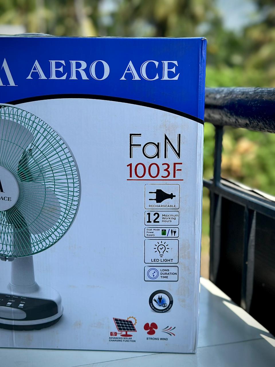 Aero Ace 12" Rechargeable Desk Fan with Solar Charging, LED Night Light & Power Bank Function