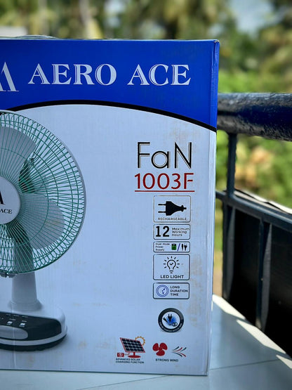 Aero Ace 12" Rechargeable Desk Fan with Solar Charging, LED Night Light & Power Bank Function
