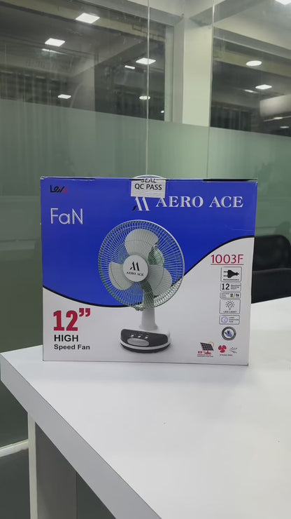 Aero Ace 12" Rechargeable Desk Fan with Solar Charging, LED Night Light & Power Bank Function